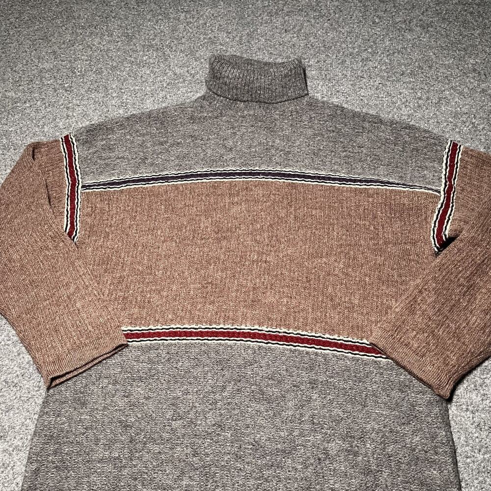 Vintage Sisley Sweater Mens Small Brown Pullover Wool Striped Relaxed Turtleneck